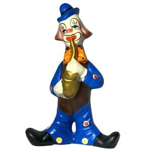 Vintage Clown Figurine Playing Saxophone - Blue, Gold, Brown 7.5" tall base 4.5"